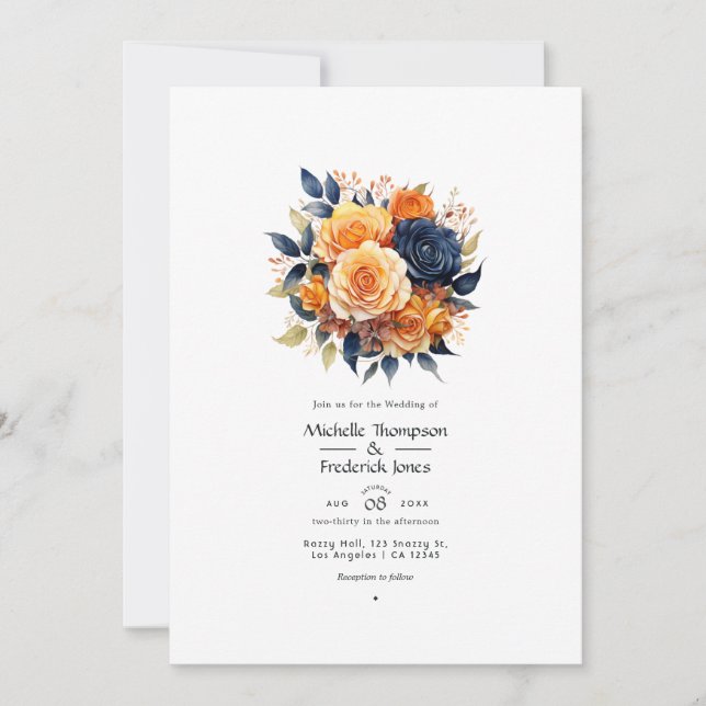 Convite Casamento Floral Azul Marinho e Laranja (Frente)