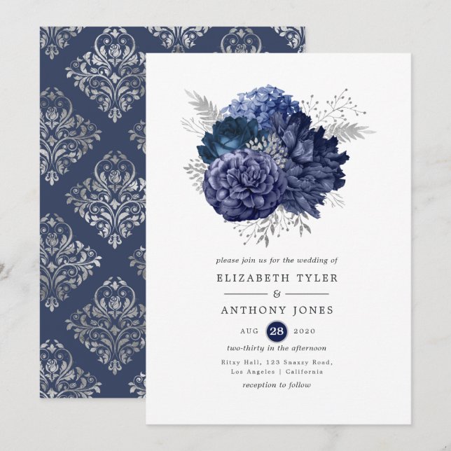 Convite Casamento Floral Azul Marinho e Prata (Frente/Verso)