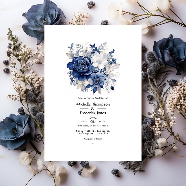 Convite Casamento Floral Azul Marinho e Prata (Criador carregado)