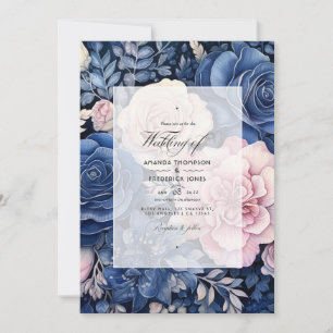 Convite Casamento Floral Azul Marinho e Rosa Choque