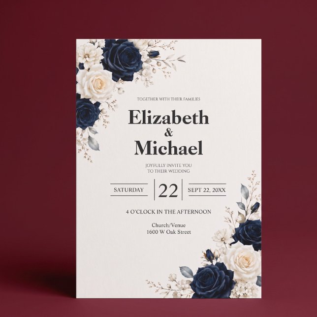 Convite Casamento Floral Azul Marinho Elegante (Criador carregado)