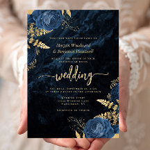 Casamento Floral Azul Marinho Elegante Dourado