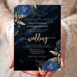 Convite Casamento Floral Azul Marinho Elegante Dourado