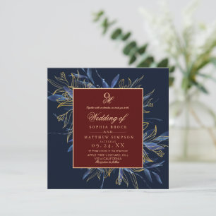 Convite Casamento Floral Azul Marinho Escuro Temperamental