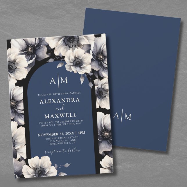 Convite Casamento Floral Azul Marinho Flor Elegante (Elegant Flowers Navy Blue Floral Wedding Invitation)