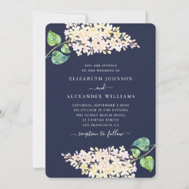 Convite Casamento floral azul marinho. Flores de lilás aqu