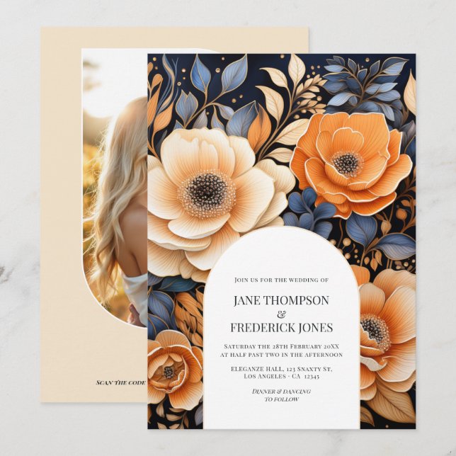 Convite Casamento Floral Azul Marinho, Laranja Queimada e  (Frente/Verso)