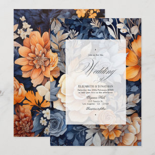 Convite Casamento Floral Azul Marinho, Laranja Queimada e