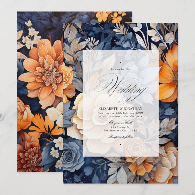 Convite Casamento Floral Azul Marinho, Laranja Queimada e  (Frente/Verso)