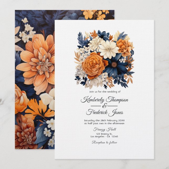Convite Casamento Floral Azul Marinho, Laranja Queimada e  (Frente/Verso)