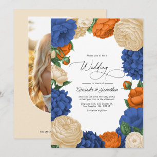 Convite Casamento Floral Azul Marinho, Laranja Queimado e 
