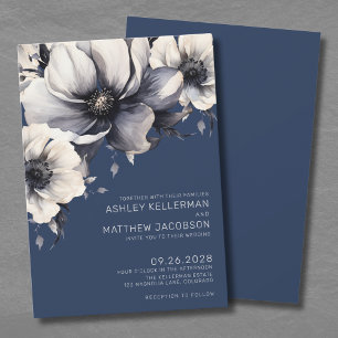 Convite Casamento Floral Azul-Marinho Moderno