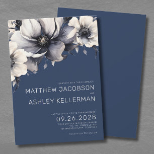 Convite Casamento Floral Azul-Marinho Moderno