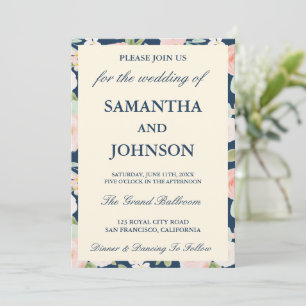 Convite Casamento Floral Azul Marinho Moderno Antigo Marfi