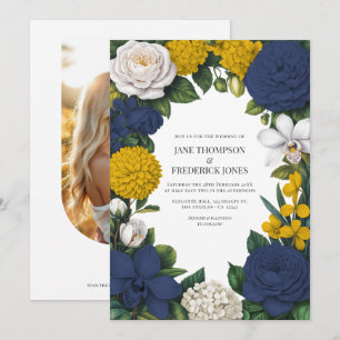 Convite Casamento Floral Azul Marinho, Mostarda Amarelo e