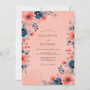 Convite Casamento Floral Azul Marinho Pêssego Impressionan