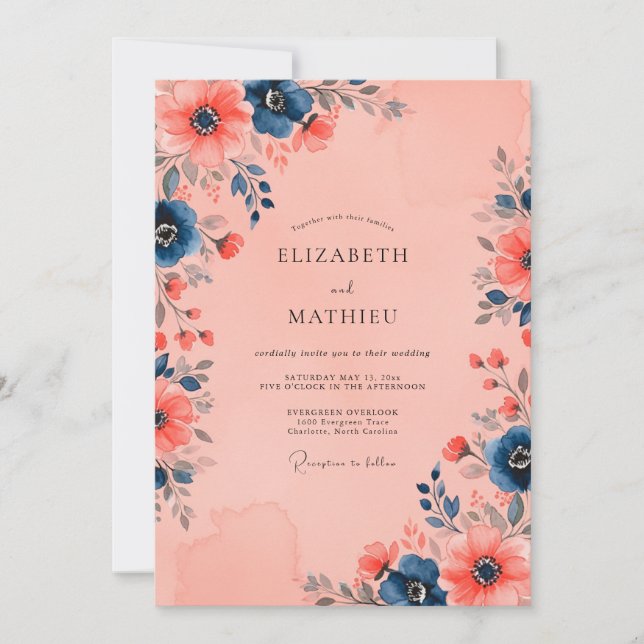 Convite Casamento Floral Azul Marinho Pêssego Impressionan (Frente)