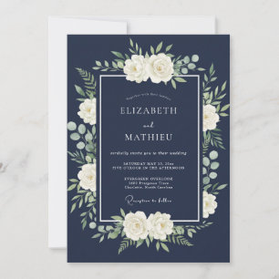 Convite Casamento Floral Azul Marinho Polido