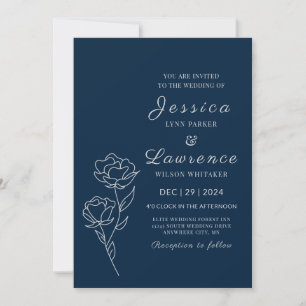 Convite Casamento Floral Azul Marinho Prateado Moderno e E