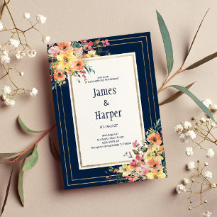Convite Casamento floral azul marinho rosa laranja dourado