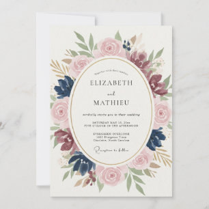 Convite Casamento Floral Azul Marinho Rosado