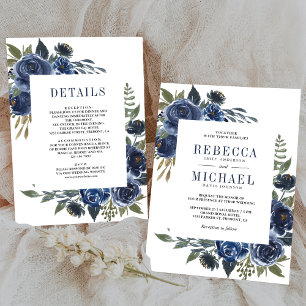 Convite Casamento Floral Azul Marinho Rústico Tudo em Um