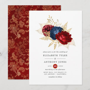 Convite Casamento Floral Azul Marinho, Vermelho e Dourado