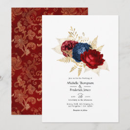 Convite Casamento Floral Azul Marinho, Vermelho e Dourado