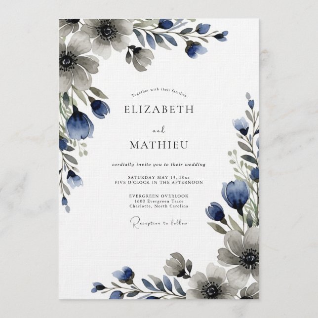 Convite Casamento Floral Azul Melancólico (Frente)
