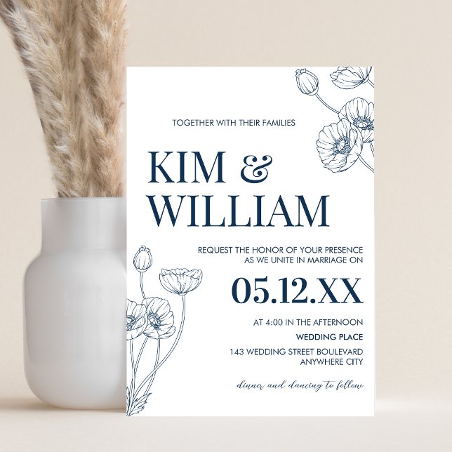 Convite Casamento Floral Azul Minimalista (Blue Minimalist Floral Wedding Invitation)