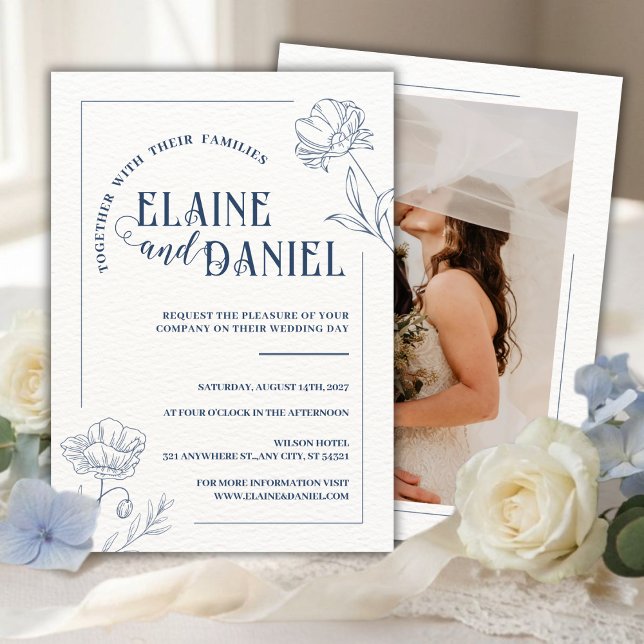 Convite Casamento Floral Azul Minimalista Clássico (Criador carregado)
