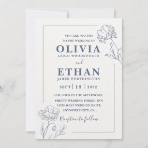 Convite Casamento Floral Azul Minimalista Elegante