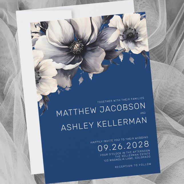 Convite Casamento Floral Azul Moderno Elegante (Simple Modern Elegant Navy Blue Floral Wedding Invitation)