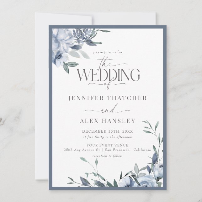 Convite Casamento Floral Azul Moderno Elegante | Código Qr (Frente)
