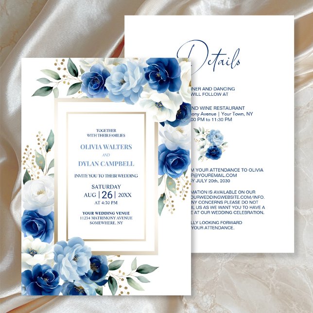 Convite Casamento Floral Azul Moderno Tudo em Um (Criador carregado)