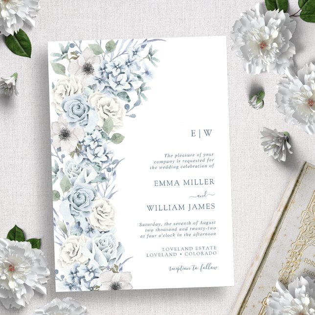 Convite Casamento Floral Azul Monogramado (Criador carregado)