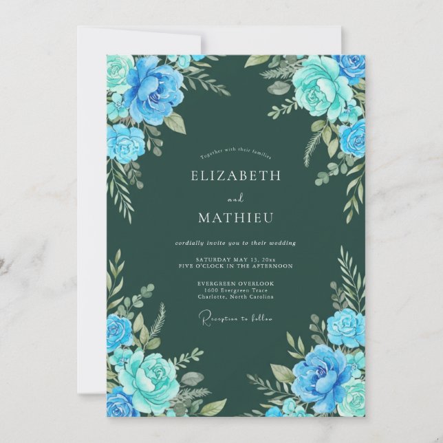 Convite Casamento Floral Azul na Floresta (Frente)