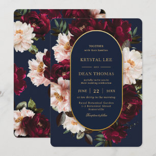 Convite Casamento Floral Azul Naval Bege Borgonha Escuro