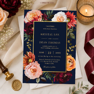Convite Casamento Floral Azul Naval Bege Borgonha Ferrugem