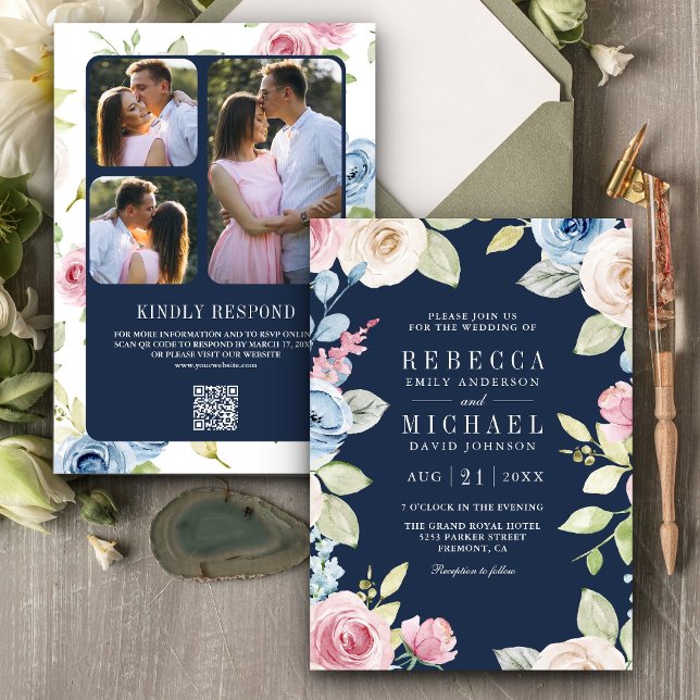 Convite Casamento Floral Azul Naval Código QR Primavera Su (Criador carregado)