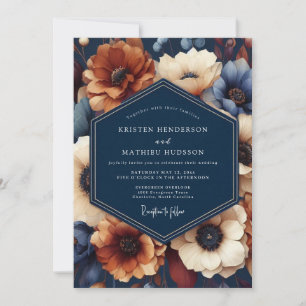 Convite Casamento Floral Azul Naval de Outono