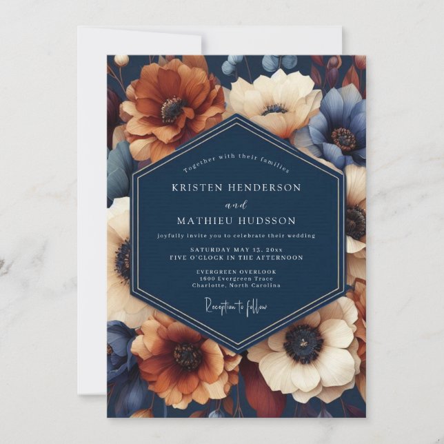 Convite Casamento Floral Azul Naval de Outono (Frente)