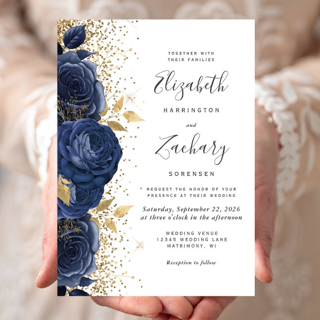 Convite Casamento Floral Azul Naval Dourado Branco (Criador carregado)