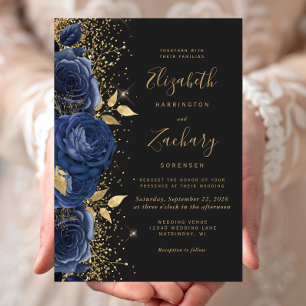 Convite Casamento Floral Azul Naval Dourado Preto Fosco