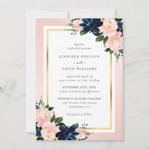 Convite Casamento Floral Azul Naval Dourado Rosa Elegante