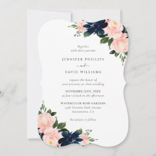 Convite Casamento Floral Azul Naval Elegante com Rosa Bege