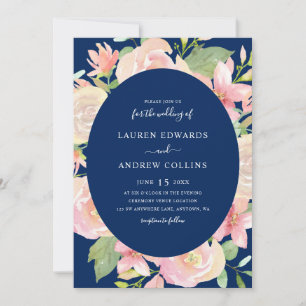 Convite Casamento Floral Azul Naval Elegante com Rubor