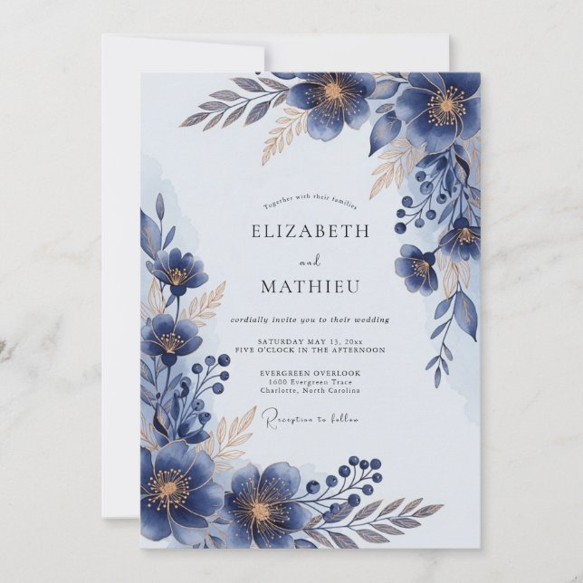 Convite Casamento Floral Azul Naval Lustroso (Frente)