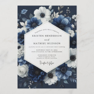 Convite Casamento Floral Azul Naval Meia-Noite