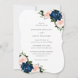 Convite Casamento Floral Azul Naval Rosa Aquarela